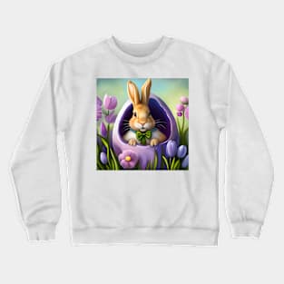 Cartoon Bunny popping out of Lilac Easter Egg surrounded by Flowers Crewneck Sweatshirt